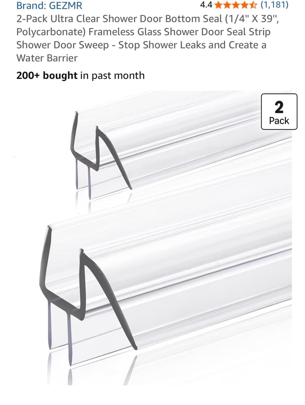 2-Pack Ultra Clear Shower Door Bottom Seal Strip 1/4" x 39" Polycarbonate Water-